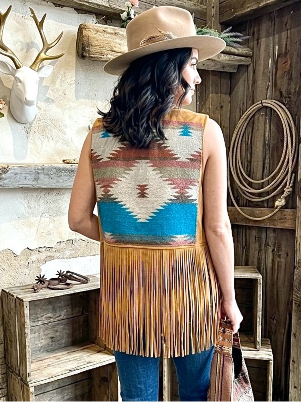 Boho Fringe Southwestern vegan suede Vest w Aztec back panel